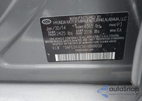 2014 Hyundai Sonata Gls z USA, uszkodzony, nr VIN 5NPEB4AC6EH886609